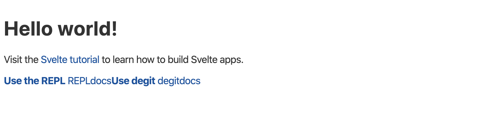 The Svelte Hello World! after configuring Scss without decent styling